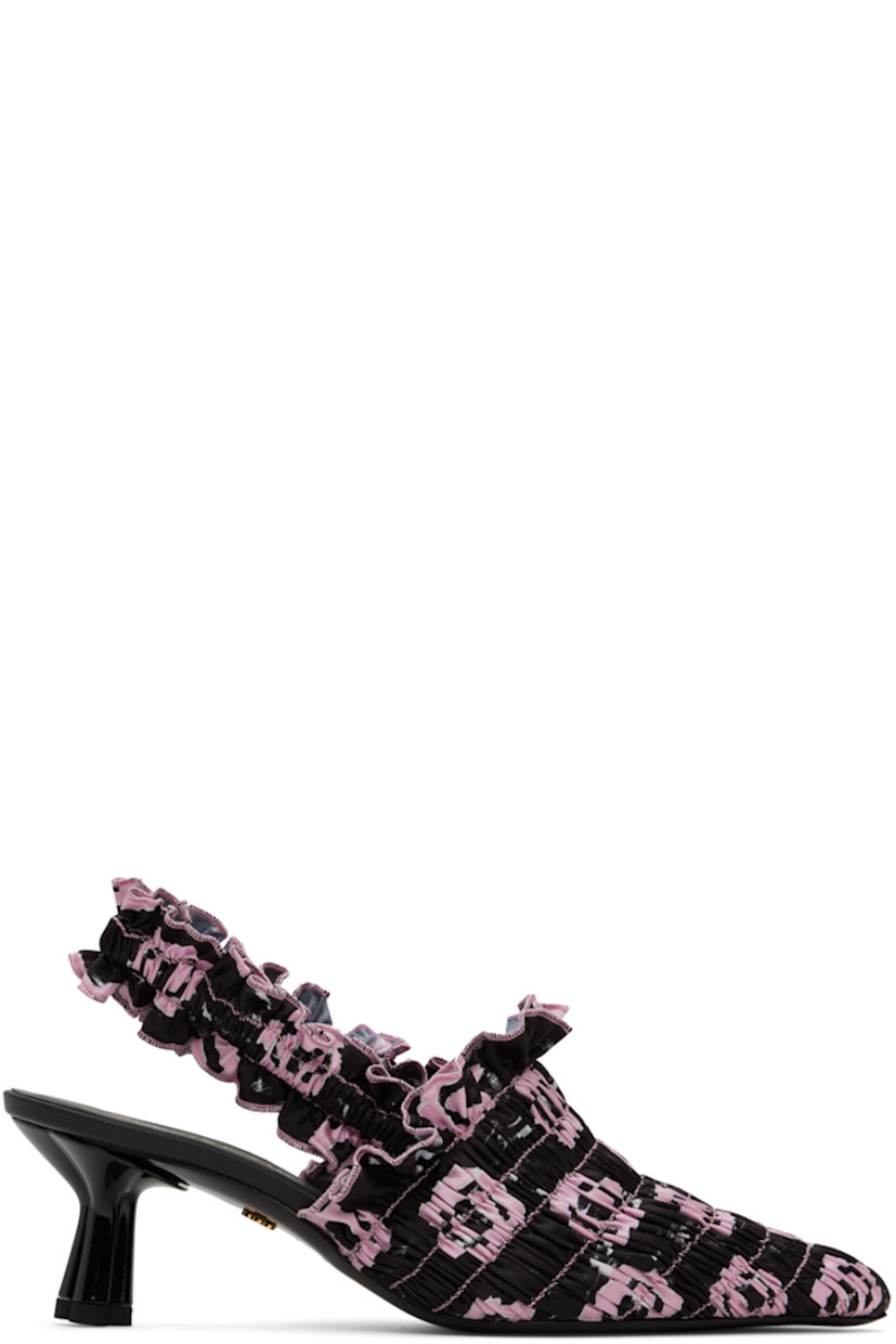 Shirred stretch satin heels in black. Graphic pattern printed throughout.

· Pointed toe
· Elasticized slingback strap
· Logo embossed at padded footbed
· Modified kitten heel
· Polished leather sole
· Heel: H2 in

Supplier color: Lilac monogram