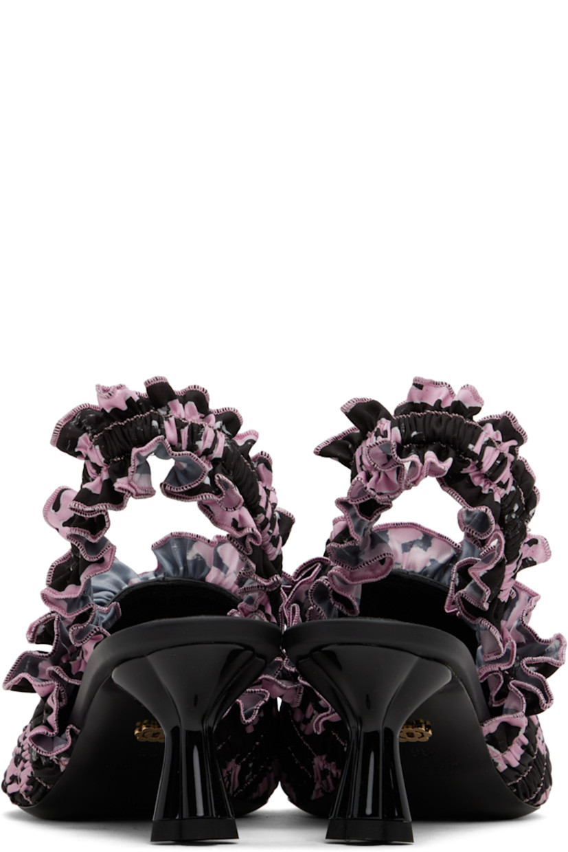 Shirred stretch satin heels in black. Graphic pattern printed throughout.

· Pointed toe
· Elasticized slingback strap
· Logo embossed at padded footbed
· Modified kitten heel
· Polished leather sole
· Heel: H2 in

Supplier color: Lilac monogram