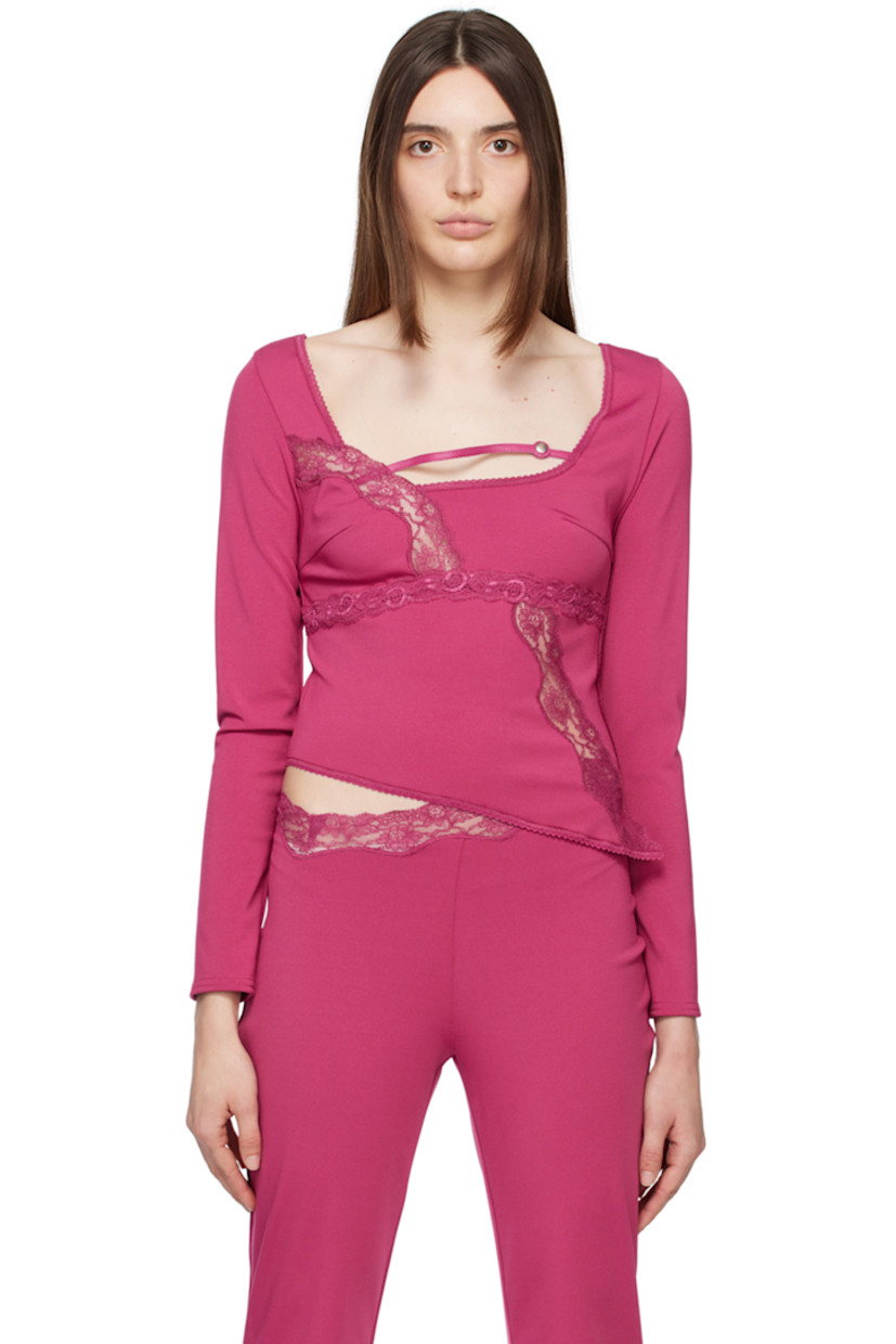 Stretch polyester jersey blouse. Lace detailing and scalloped edges throughout. 

· Press-stud strap at scoop neck
· Cut-out at back
· Asymmetric hem

Available exclusively at SSENSE.

Supplier color: Red violet