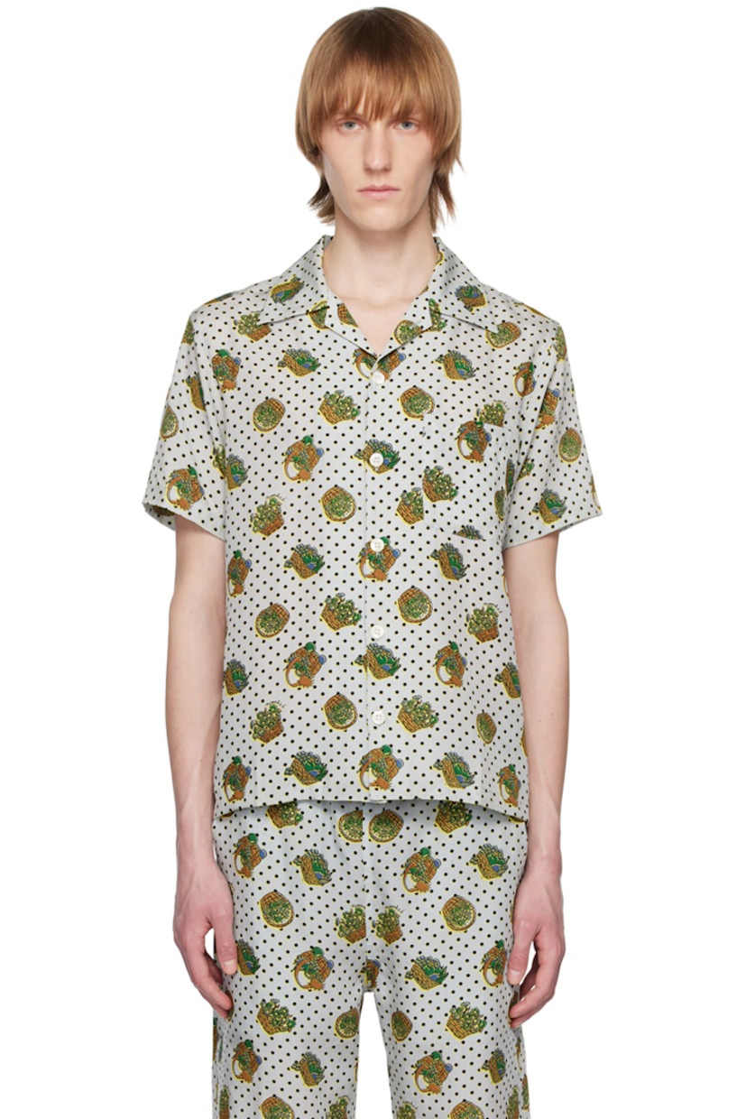 Plain-woven rexcell shirt. Polka dot and graphic pattern printed throughout. 

· Open spread collar 
· Button closure 
· Patch pocket 
· Twin pleats at back yoke

Supplier color: Baskets/Gray