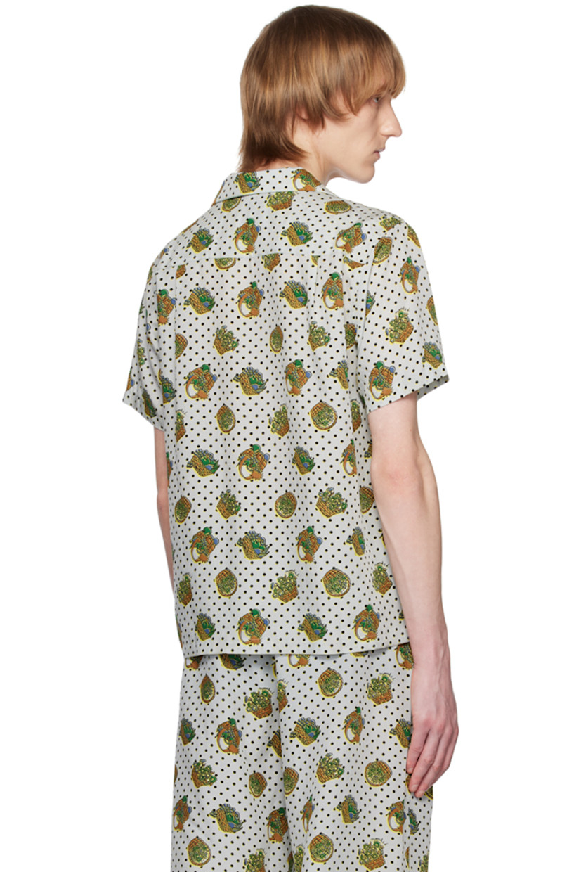 Plain-woven rexcell shirt. Polka dot and graphic pattern printed throughout. 

· Open spread collar 
· Button closure 
· Patch pocket 
· Twin pleats at back yoke

Supplier color: Baskets/Gray