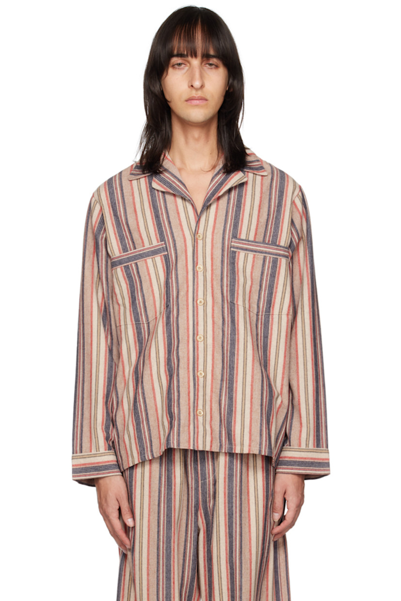 Recycled cashmere and recycled nylon-blend plain-woven shirt. Stripes throughout. 

· Open spread collar 
· Button closure 
· Patch pockets 

Supplier color: Stripe