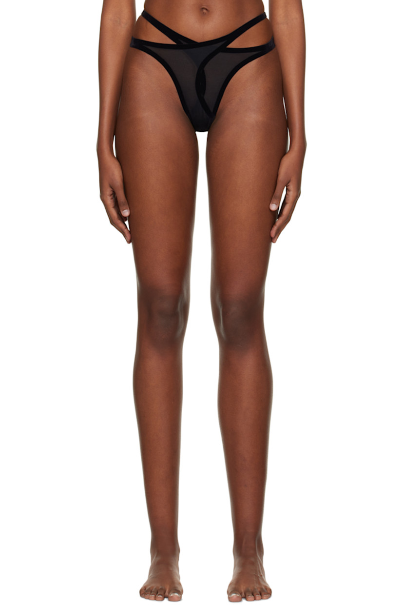 Semi-sheer stretch nylon mesh thong. Flocked trim throughout. 

· Layered construction
· Elasticized straps at sides
· Partial jersey lining

Part of the Wolford x Mugler collaboration.

Supplier color: Black