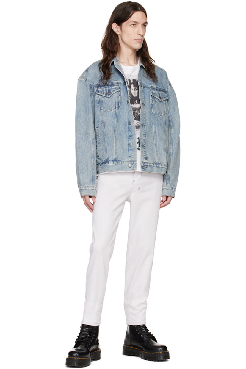 Tapered wide-leg stretch denim jeans. Fading throughout.

· Belt loops
· Five-pocket styling
· Button-fly
· Embroidered logo graphic at back waistband
· Logo-engraved antiqued silver-tone hardware

Supplier color: White