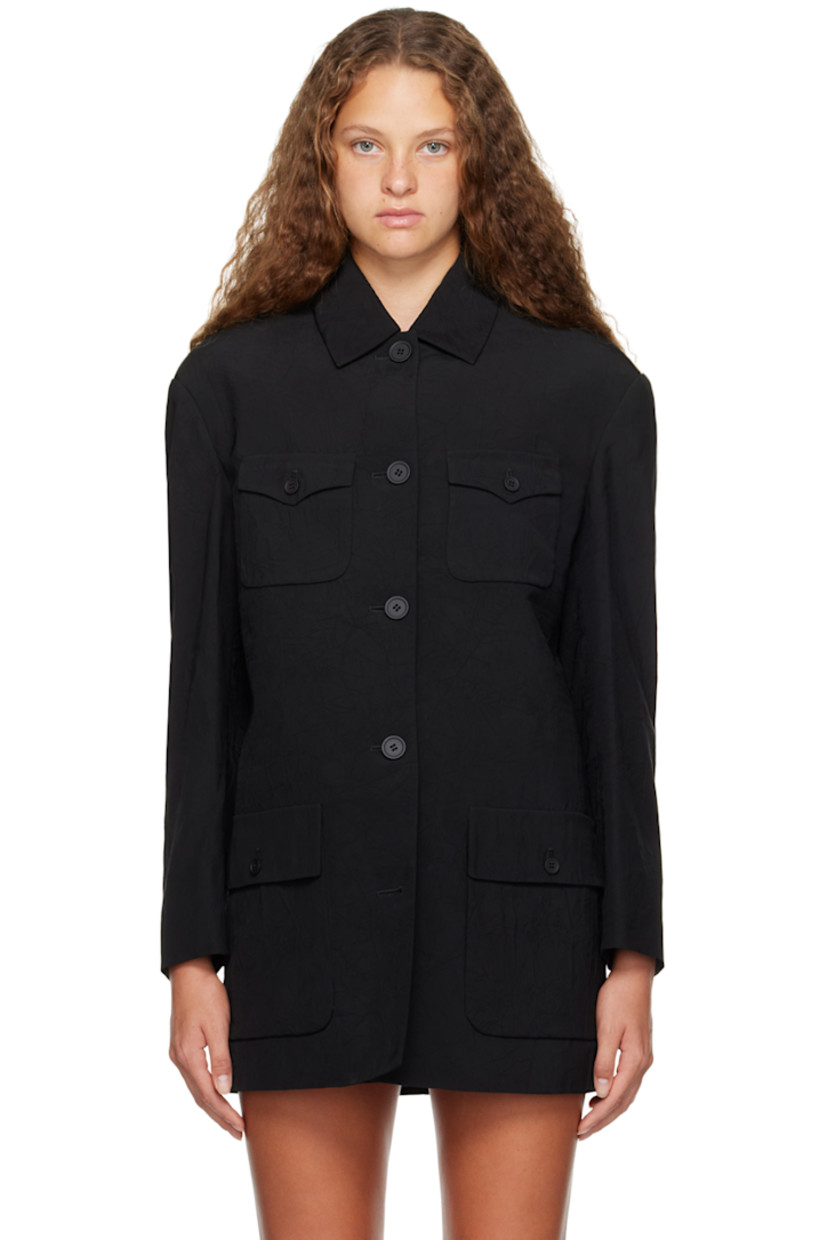 Crinkled plain-woven viscose blazer.

· Spread collar
· Button closure
· Flap pockets
· Four-button surgeon's cuffs
· Welt pocket at interior 
· Full mulberry silk satin lining 

Available exclusively at SSENSE.

Supplier color: Black