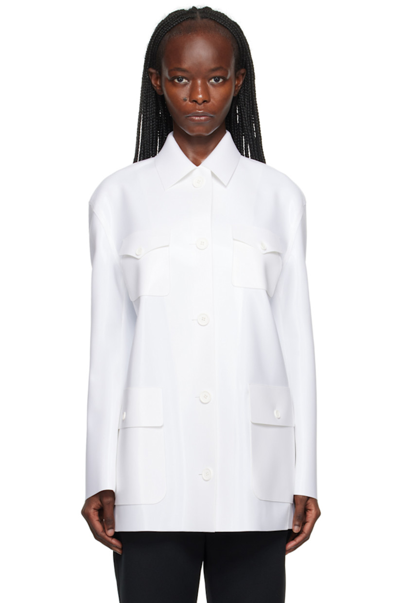 Rubber-coated stretch nylon jersey jacket. 

· Spread collar
· Button closure
· Flap pockets
· Four-button surgeon's cuffs
· Unlined

Supplier color: White