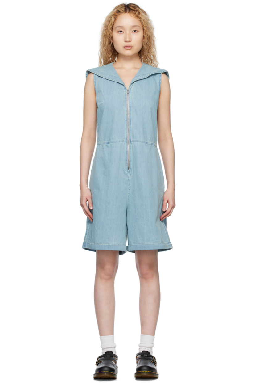 Non-stretch denim jumpsuit. Fading throughout.

· Paneled construction
· Sailor collar
· Zip closure
· Three-pocket styling
· Rolled cuffs

Supplier color: Indigo bleach
