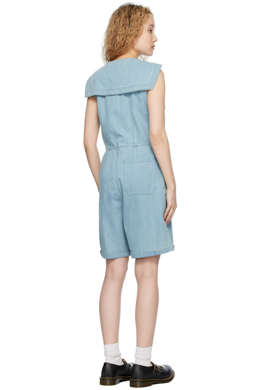 Non-stretch denim jumpsuit. Fading throughout.

· Paneled construction
· Sailor collar
· Zip closure
· Three-pocket styling
· Rolled cuffs

Supplier color: Indigo bleach