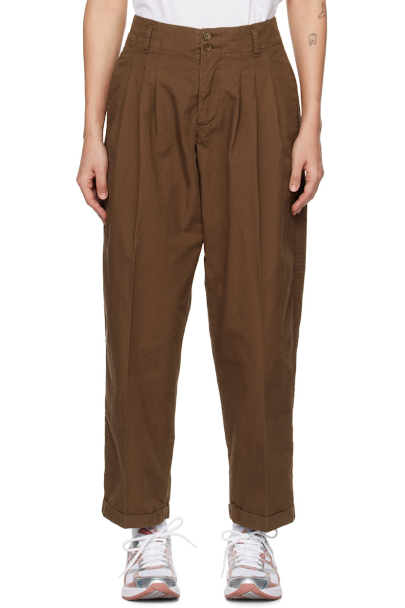 Garment-dyed cotton twill trousers. Topstitching throughout.

· Belt loops
· Double button closure
· Three-pocket styling
· Zip-fly
· Darts at front and back
· Pleats at front
· Rolled cuffs

Supplier color: Brown