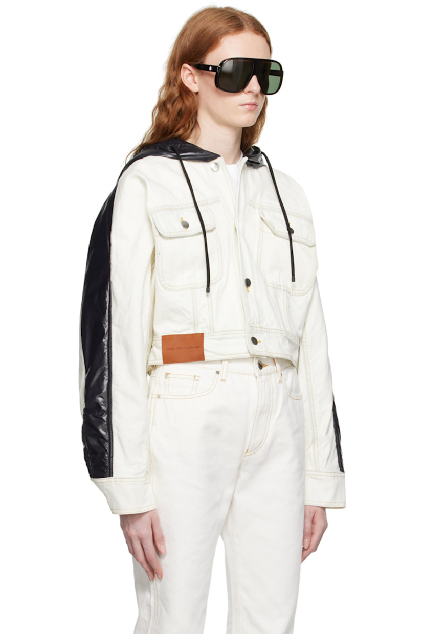 Paneled non-stretch bleached denim and padded nylon satin jacket.

· Drawstring at hood
· Button closure
· Flap pockets
· Leather logo patch at front hem
· Embroidered logo patch at sleeve
· Single-button barrel cuffs
· Adjustable button-tabs at back hem
· Contrast stitching in yellow

Part of the Moncler Genius x Alicia Keys collaboration.

Supplier color: White