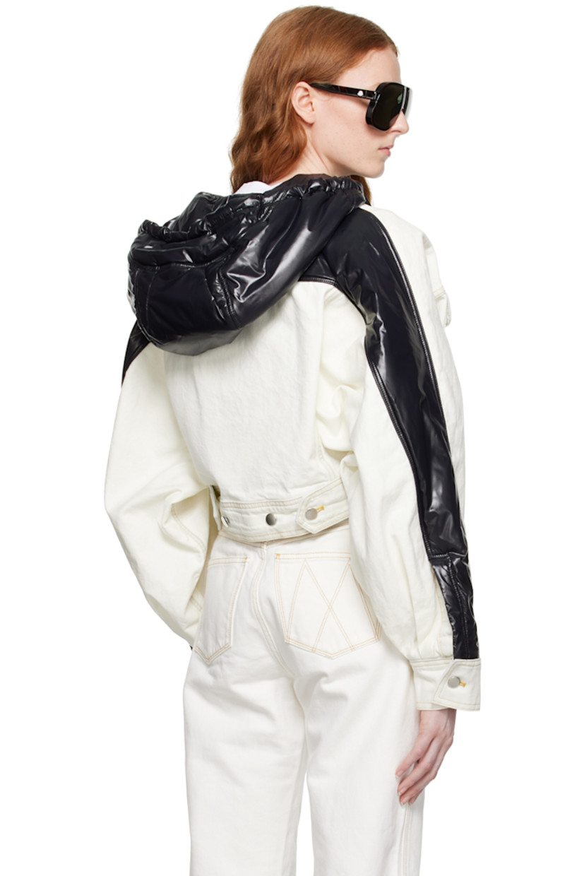 Paneled non-stretch bleached denim and padded nylon satin jacket.

· Drawstring at hood
· Button closure
· Flap pockets
· Leather logo patch at front hem
· Embroidered logo patch at sleeve
· Single-button barrel cuffs
· Adjustable button-tabs at back hem
· Contrast stitching in yellow

Part of the Moncler Genius x Alicia Keys collaboration.

Supplier color: White
