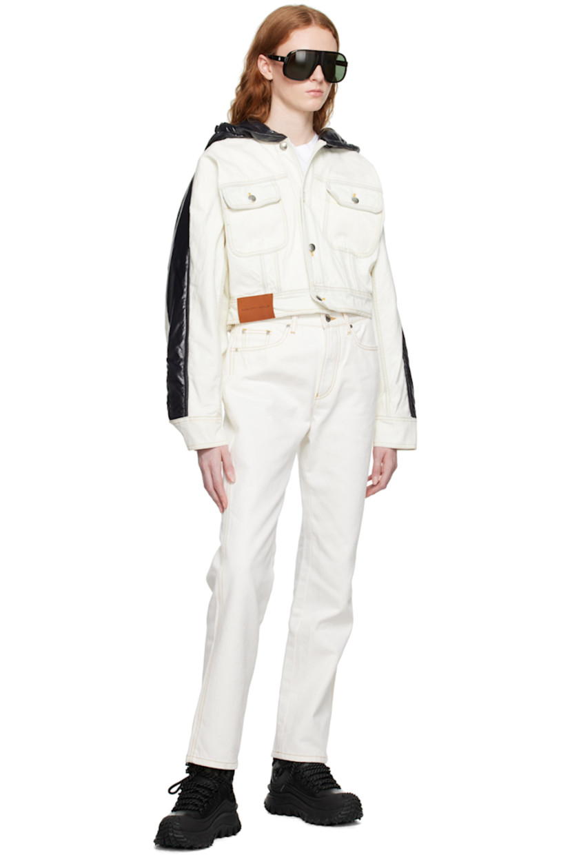Paneled non-stretch bleached denim and padded nylon satin jacket.

· Drawstring at hood
· Button closure
· Flap pockets
· Leather logo patch at front hem
· Embroidered logo patch at sleeve
· Single-button barrel cuffs
· Adjustable button-tabs at back hem
· Contrast stitching in yellow

Part of the Moncler Genius x Alicia Keys collaboration.

Supplier color: White