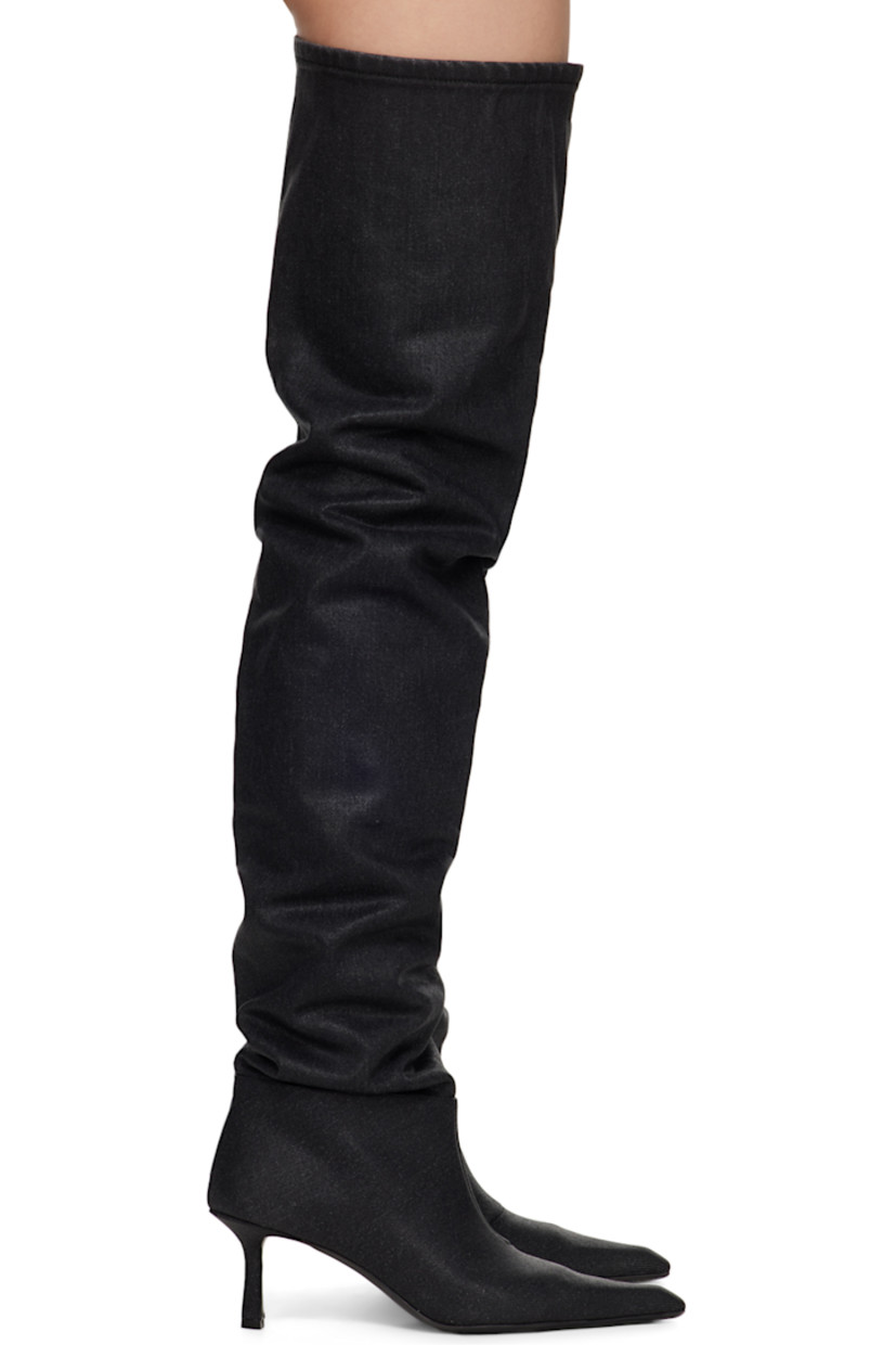 Thigh-high coated denim boots in gray. 

· Pointed toe
· Elasticize gusset at inner side
· Grained goatskin lining
· Covered stiletto heel with rubber injection
· Leather sole
· Heel: H2.5 in

Supplier color: Grey aged