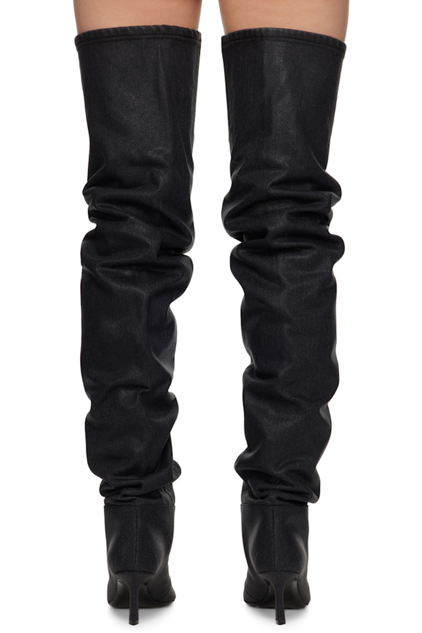 Thigh-high coated denim boots in gray. 

· Pointed toe
· Elasticize gusset at inner side
· Grained goatskin lining
· Covered stiletto heel with rubber injection
· Leather sole
· Heel: H2.5 in

Supplier color: Grey aged
