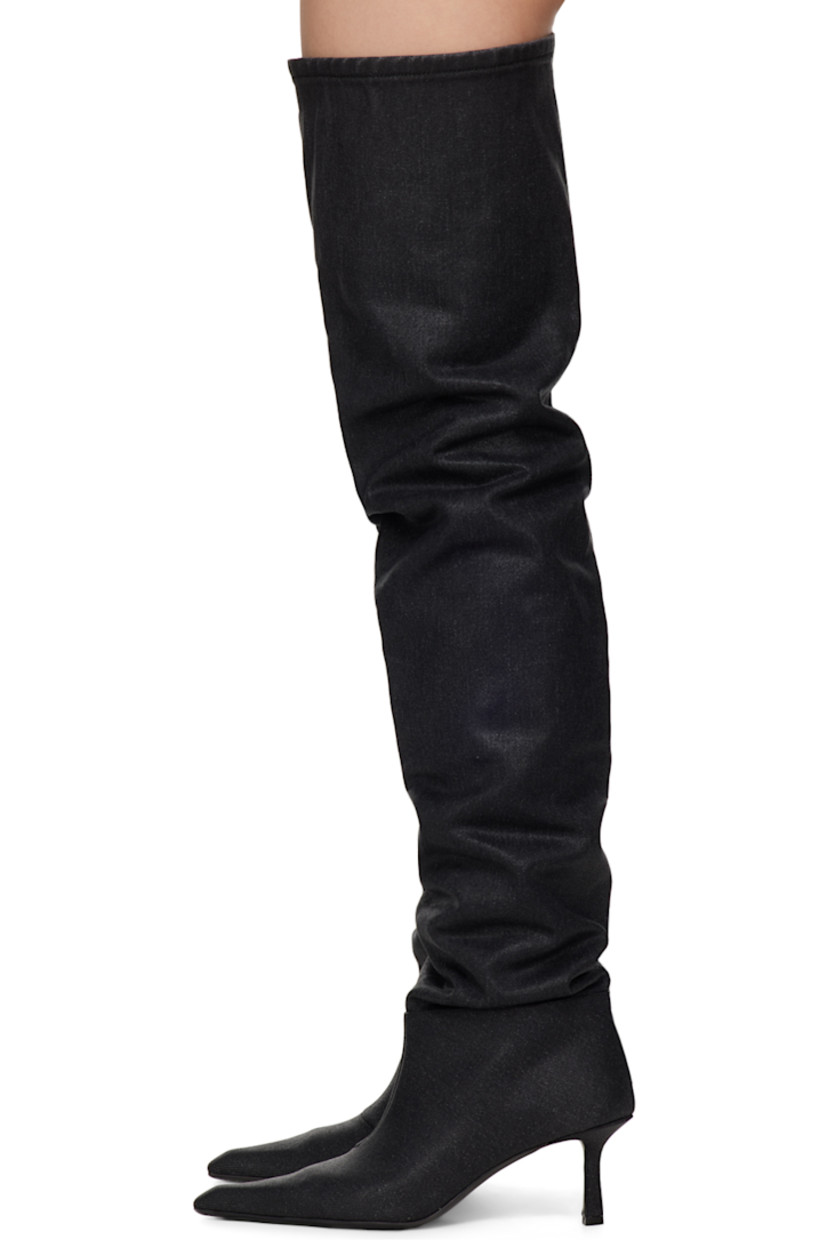 Thigh-high coated denim boots in gray. 

· Pointed toe
· Elasticize gusset at inner side
· Grained goatskin lining
· Covered stiletto heel with rubber injection
· Leather sole
· Heel: H2.5 in

Supplier color: Grey aged