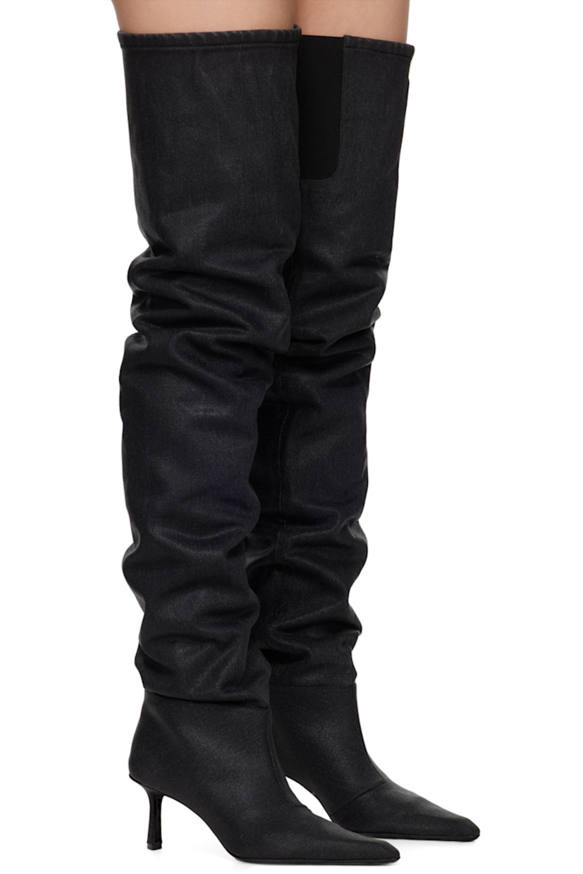 Thigh-high coated denim boots in gray. 

· Pointed toe
· Elasticize gusset at inner side
· Grained goatskin lining
· Covered stiletto heel with rubber injection
· Leather sole
· Heel: H2.5 in

Supplier color: Grey aged