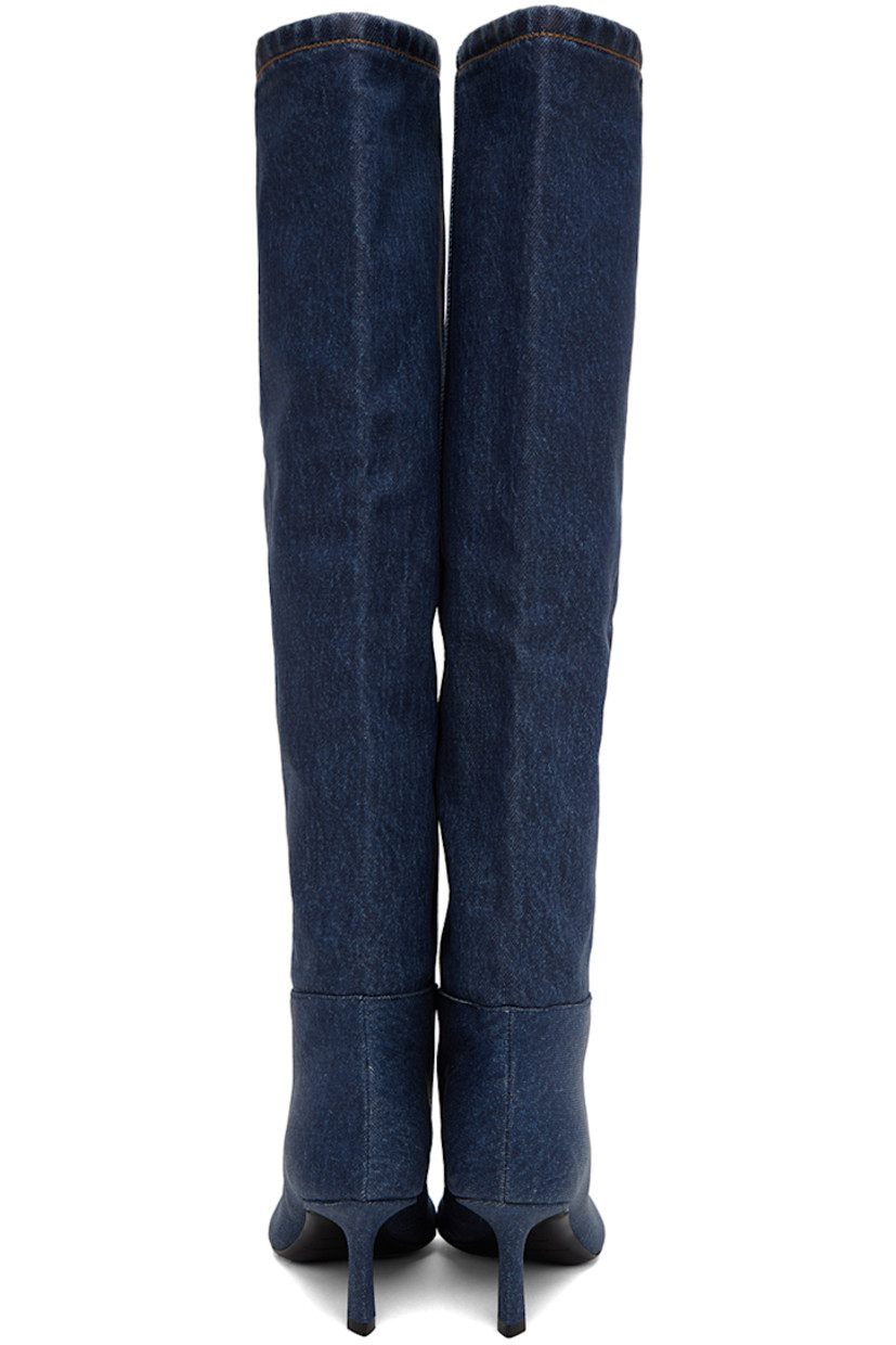 Calf-high coated denim boots in blue. Fading throughout

· Pointed toe
· Grained leather lining
· Covered kitten heel with rubber injection
· Leather sole
· Contrast stitching in tan
· Heel: H3 in 

Supplier color: Dark indigo