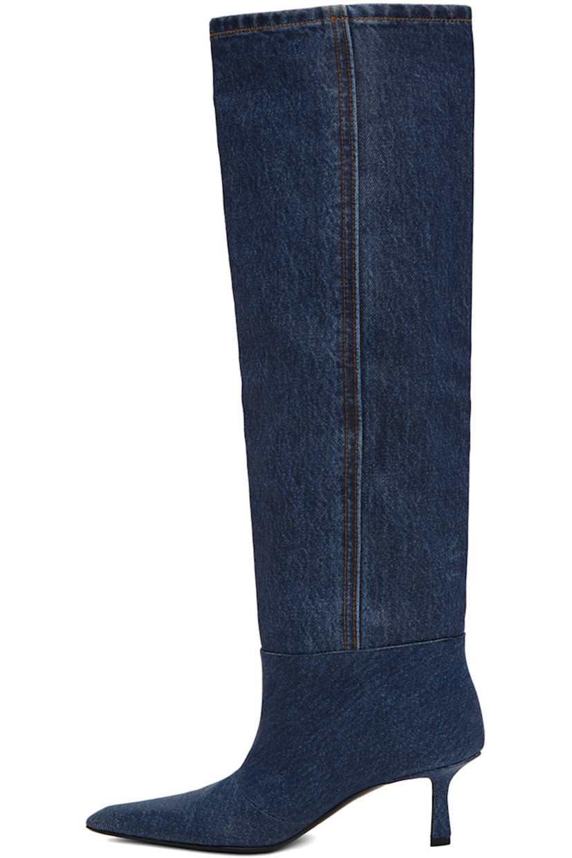 Calf-high coated denim boots in blue. Fading throughout

· Pointed toe
· Grained leather lining
· Covered kitten heel with rubber injection
· Leather sole
· Contrast stitching in tan
· Heel: H3 in 

Supplier color: Dark indigo
