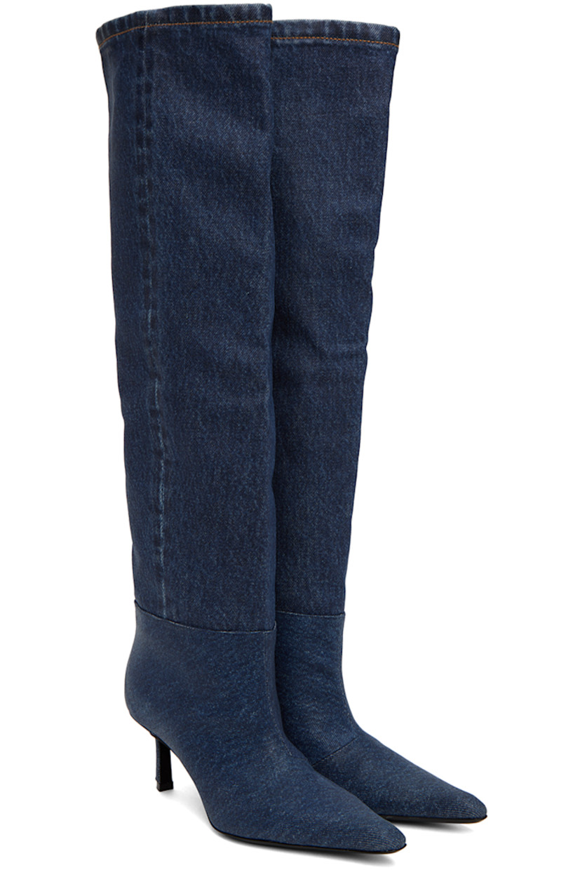 Calf-high coated denim boots in blue. Fading throughout

· Pointed toe
· Grained leather lining
· Covered kitten heel with rubber injection
· Leather sole
· Contrast stitching in tan
· Heel: H3 in 

Supplier color: Dark indigo