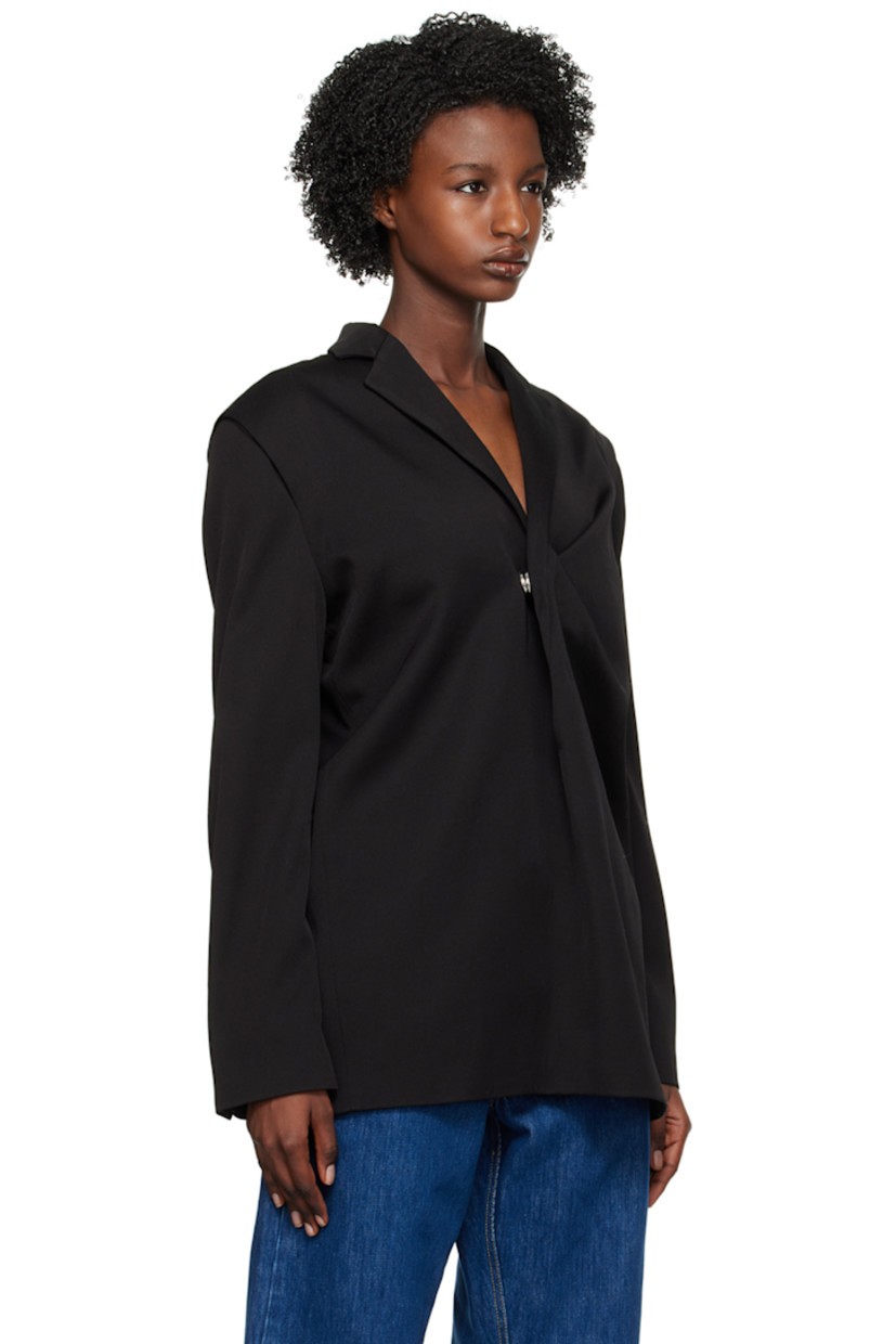 Polyester- and virgin wool-blend twill blazer. 

· Notched lapel
· Press-stud fastening at plunging V-neck 
· Pleat at chest 
· Padded shoulders
· Press-stud fastening at cuffs
· Central vent at back hem
· Full satin lining

Supplier color: Black