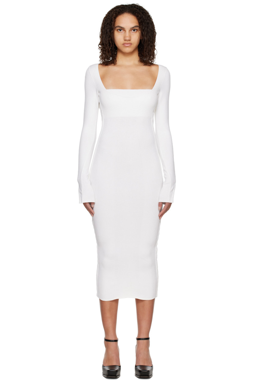 Rib knit stretch viscose dress. 

· Scoop neck
· Hook-eye fastenings at side seams and sleeves
· Self-tie fastening at back shoulders
· Low back
· Bandeau-style underlay
· Unlined

Supplier color: Ivory