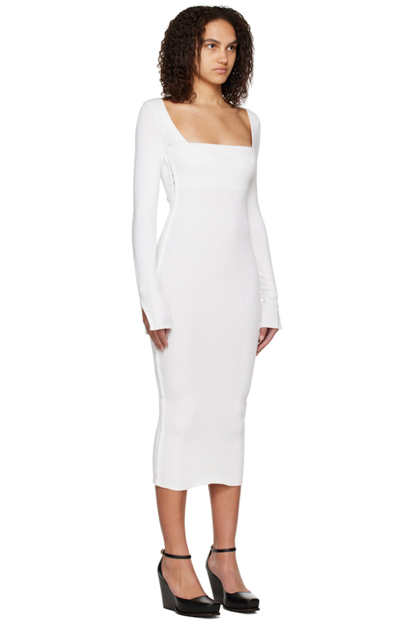 Rib knit stretch viscose dress. 

· Scoop neck
· Hook-eye fastenings at side seams and sleeves
· Self-tie fastening at back shoulders
· Low back
· Bandeau-style underlay
· Unlined

Supplier color: Ivory