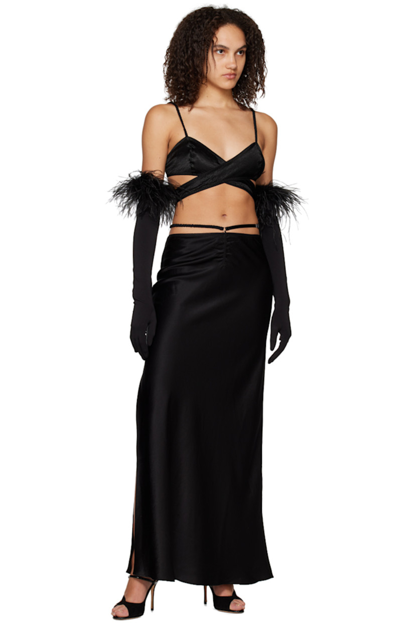 Crinkled acetate satin bralette. Cutout and elasticized scallopped trim throughout. 

· Wrap construction
· Adjustable spaghetti shoulder straps
· Hook-eye fastening at back

Supplier color: Black