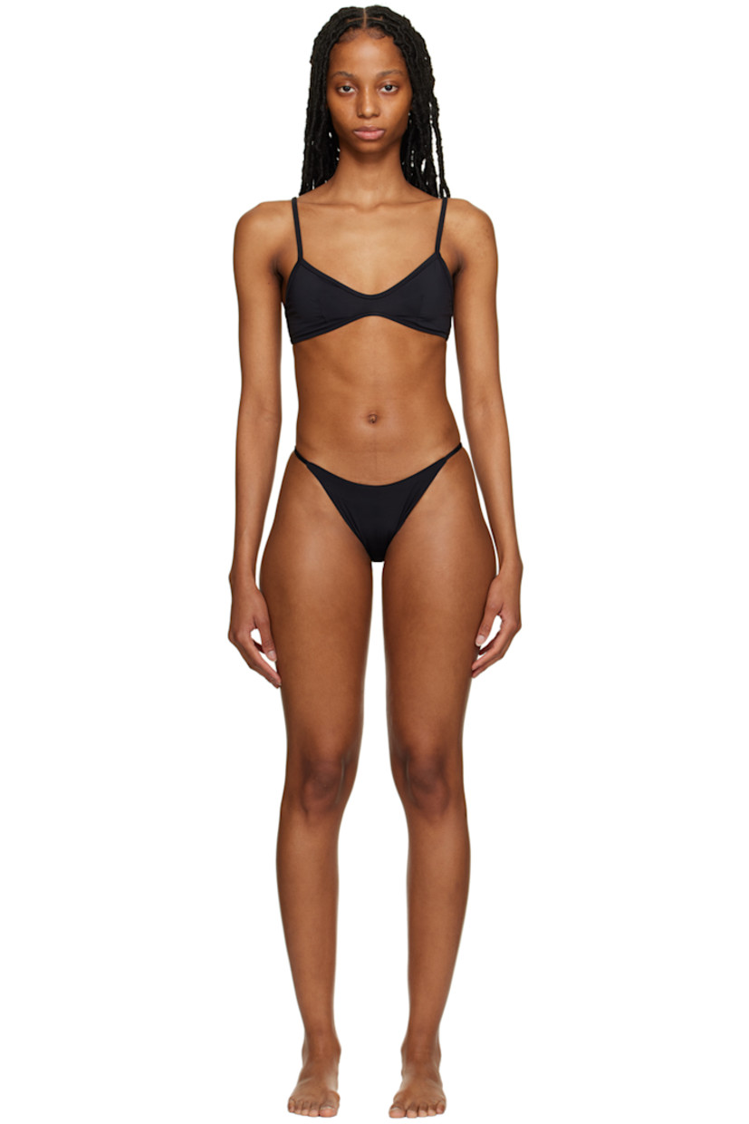 Stretch nylon jersey bikini top. 

· Sweetheart neck
· Adjustable spaghetti straps
· Tab-slot fastening at back
· Fully lined

Stretch nylon jersey bikini bottoms. 

· Elasticized waistband
· Fully lined

Supplier color: Black