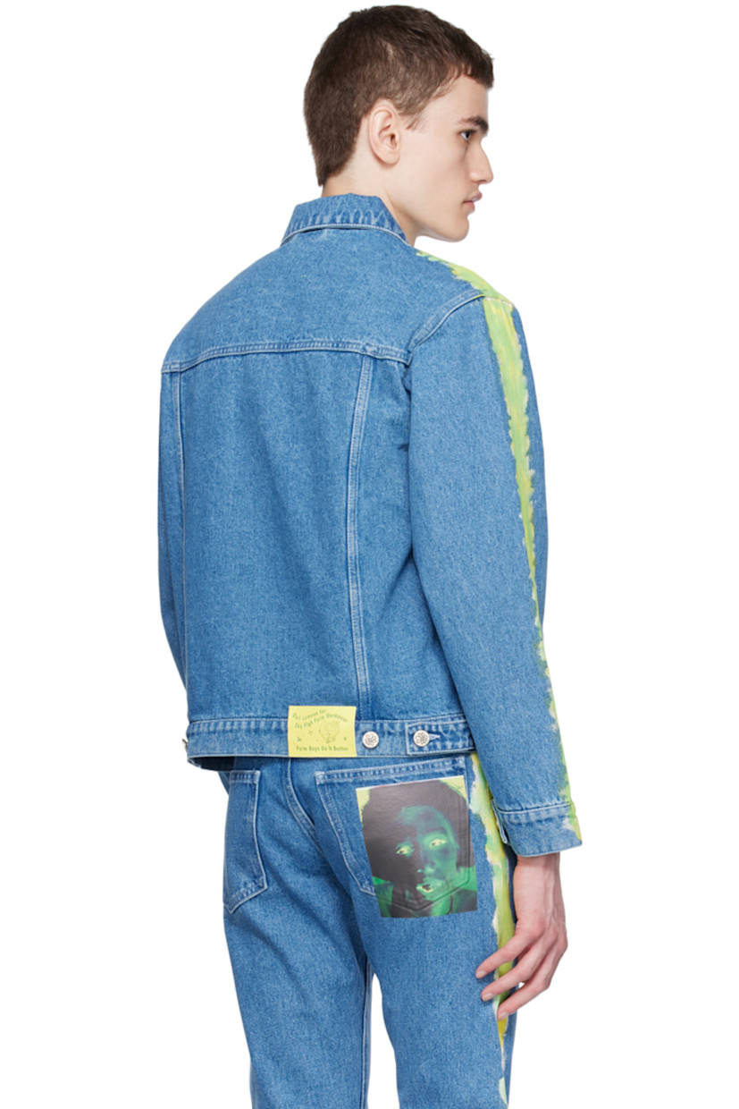 Non-stretch denim jacket. 

· Spread collar
· Button closure
· Flap pockets and welt pockets
· Graphic bonded at chest
· Graphic pattern printed at sleeves
· Single-button barrel cuffs
· Button tabs and logo patch at back hem

Part of the Sky High Farm Workwear x Quil Lemons collaboration.

Supplier color: Light blue