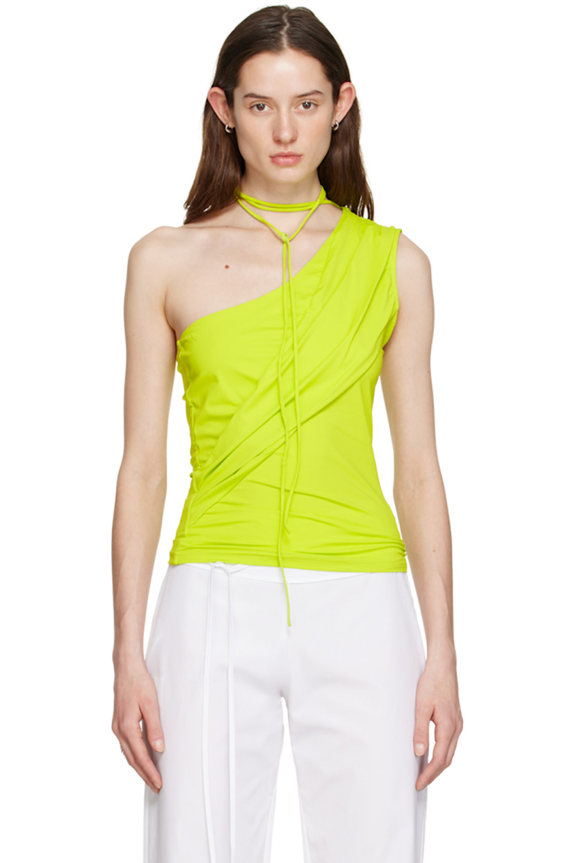 Lightweight and breathable stretch recycled nylon jersey tank top. Draping throughout.

· Single-shoulder construction
· Wraparound self-tie straps

Supplier color: Neon green