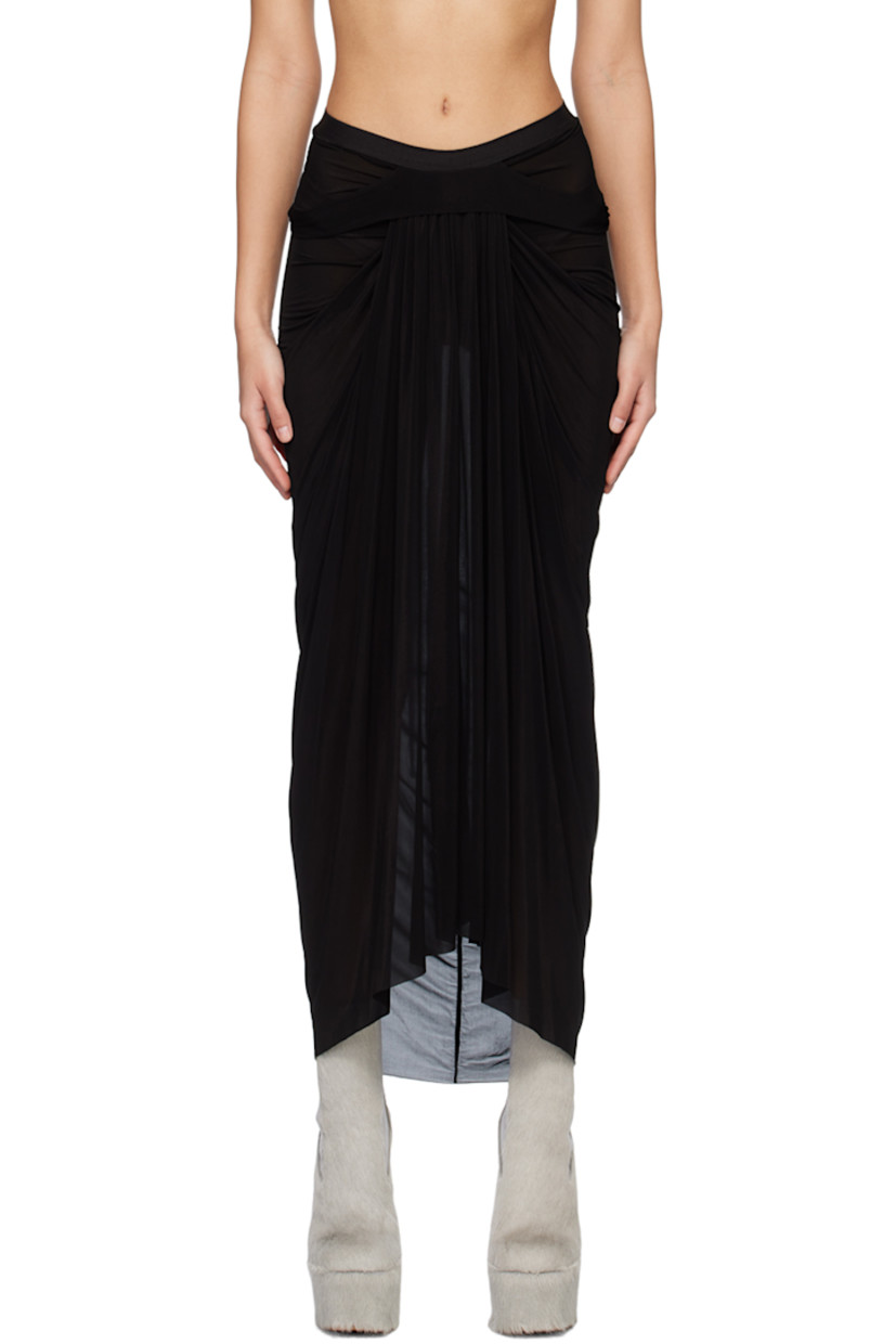 Semi-sheer stretch cupro jersey skirt. 

· Draped construction
· Self-tie fastening at elasticized waistband
· Raw edge at hem

Supplier color: Black