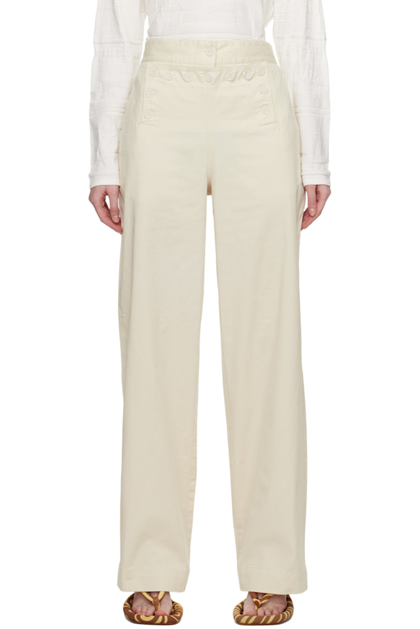 Stretch denim trousers.

· Four-pocket styling
· Button panel at front 
· Lace-up closure at back waistband 

Supplier color: Rope ivory
