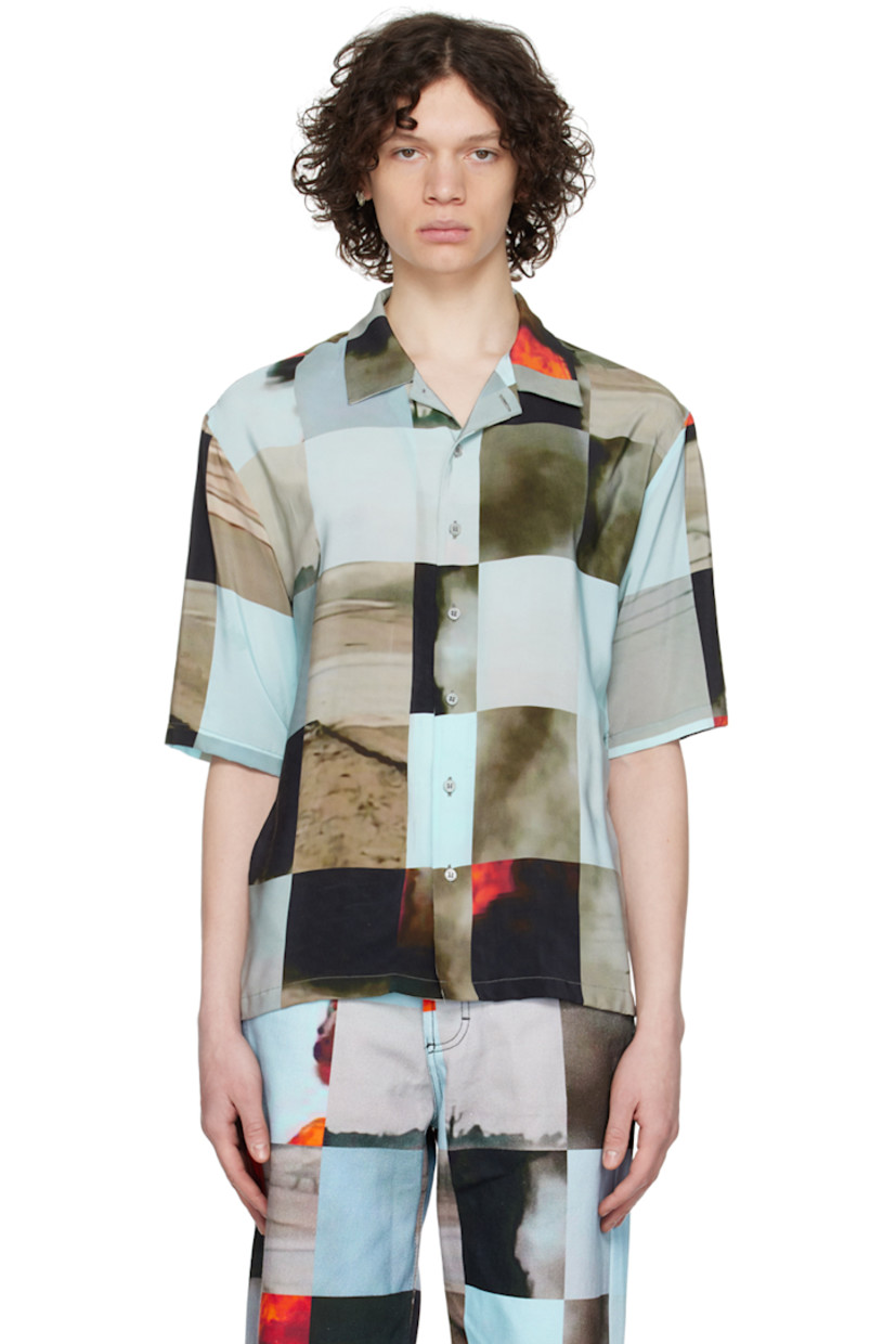 Silk crepe shirt. Graphic check pattern printed throughout.

· Open spread collar
· Button closure
· Logo-engraved mother-of-pearl hardware

Supplier color: Explosion grid
