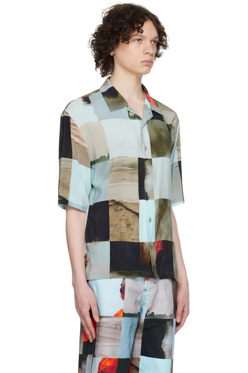 Silk crepe shirt. Graphic check pattern printed throughout.

· Open spread collar
· Button closure
· Logo-engraved mother-of-pearl hardware

Supplier color: Explosion grid