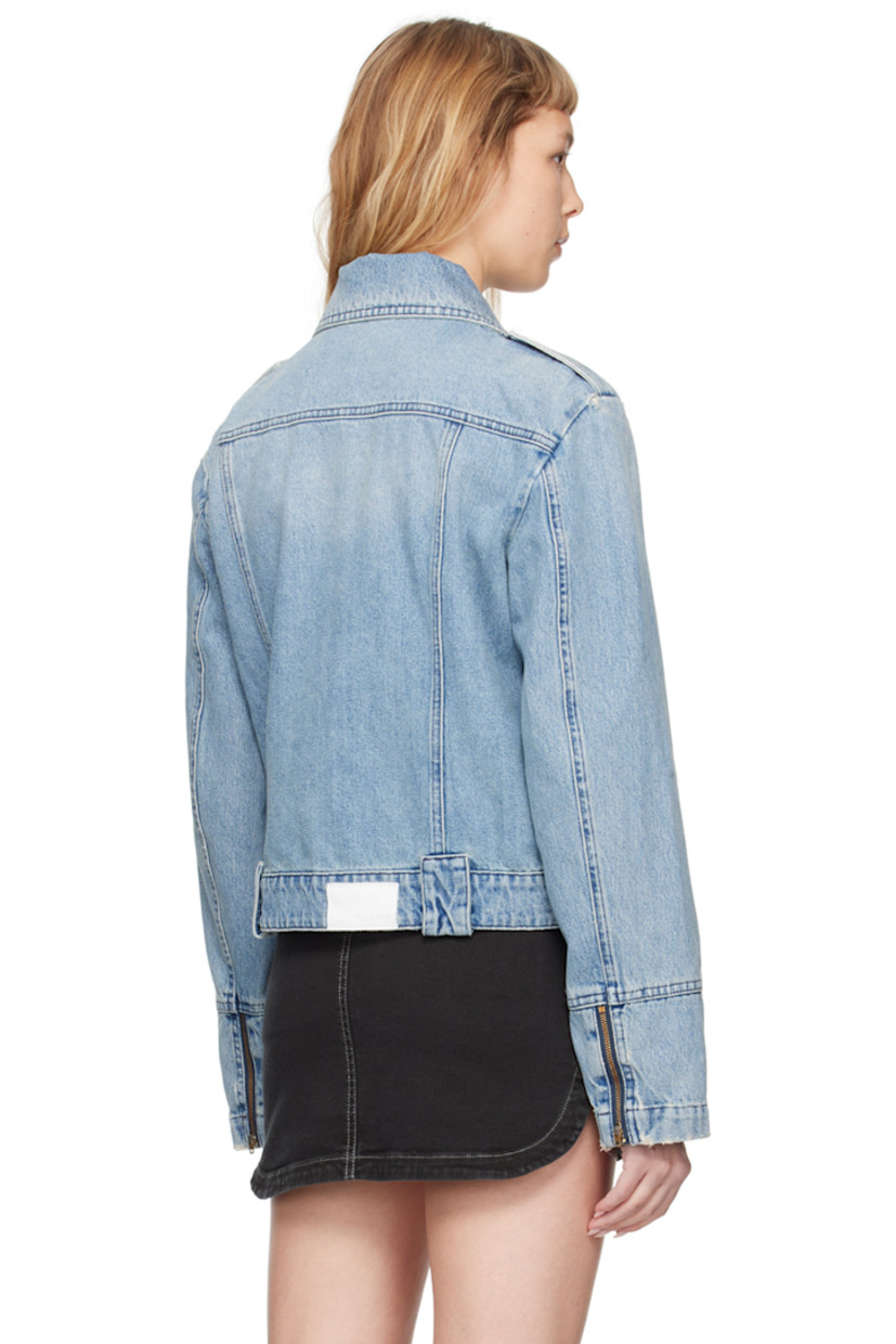 Non-stretch denim jacket. Fading throughout.

· Spread collar
· Zip closure
· Welt pockets
· Belt loops at hem
· Zip vent at cuffs

Supplier color: Dusty Blue