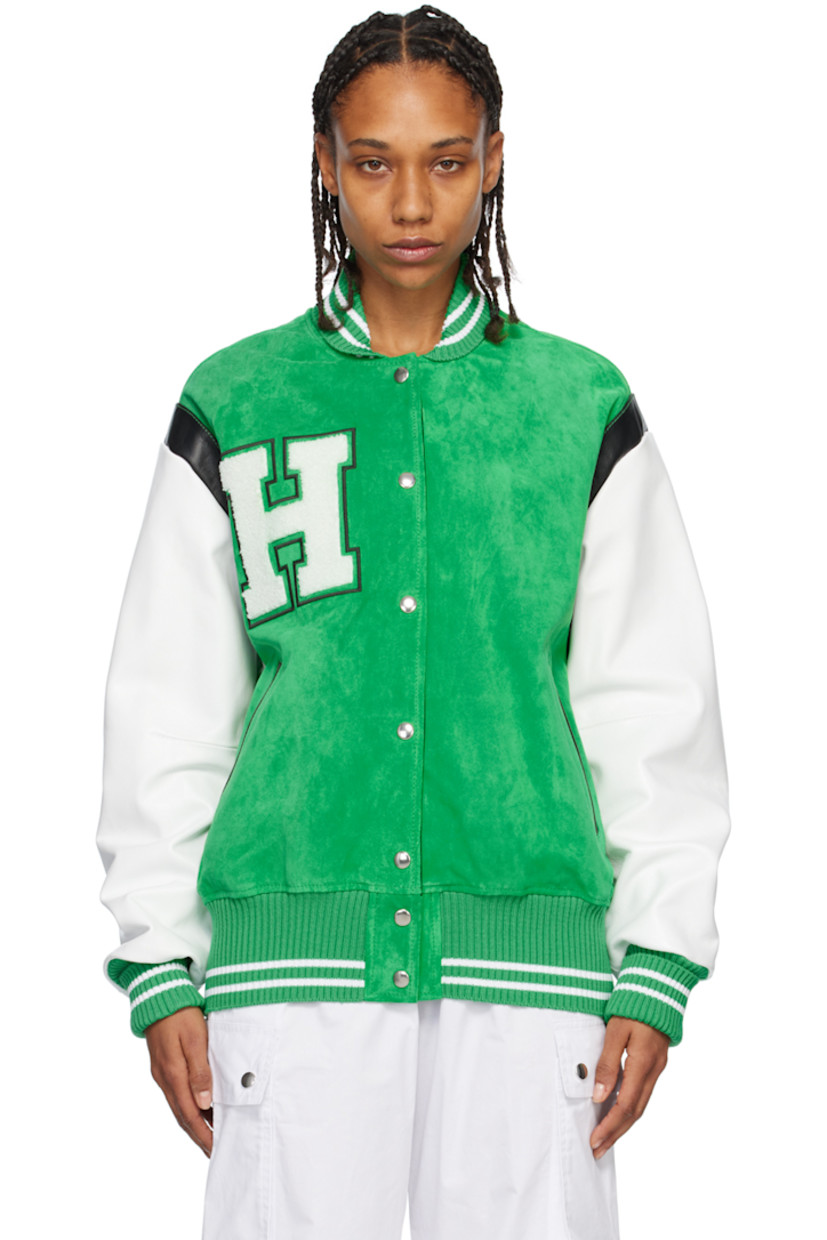 Suede and grained leather bomber jacket.

· Paneled construction
· Rib knit stand collar, hem, and cuffs
· Press-stud closure
· Chenille logo patch at chest
· Welt pockets
· Dropped shoulders
· Full satin lining

Supplier color: Green/White/Black
