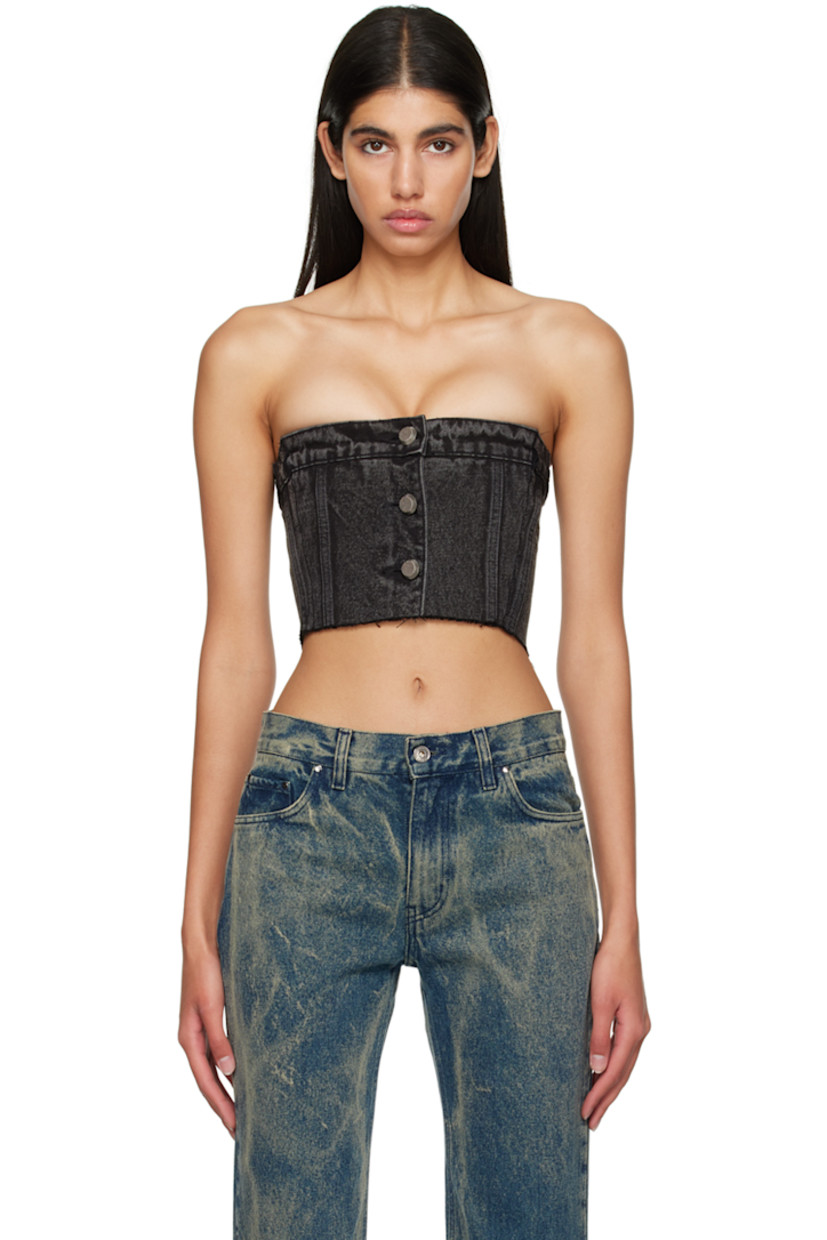 Non-stretch denim tube top. Fading throughout.

· Paneled construction 
· Straight neck
· Button closure
· Frayed edge at hem
· Logo plaque and adjustable button tabs at back
· Knurled antiqued silver-tone hardware

Supplier color: Washed black