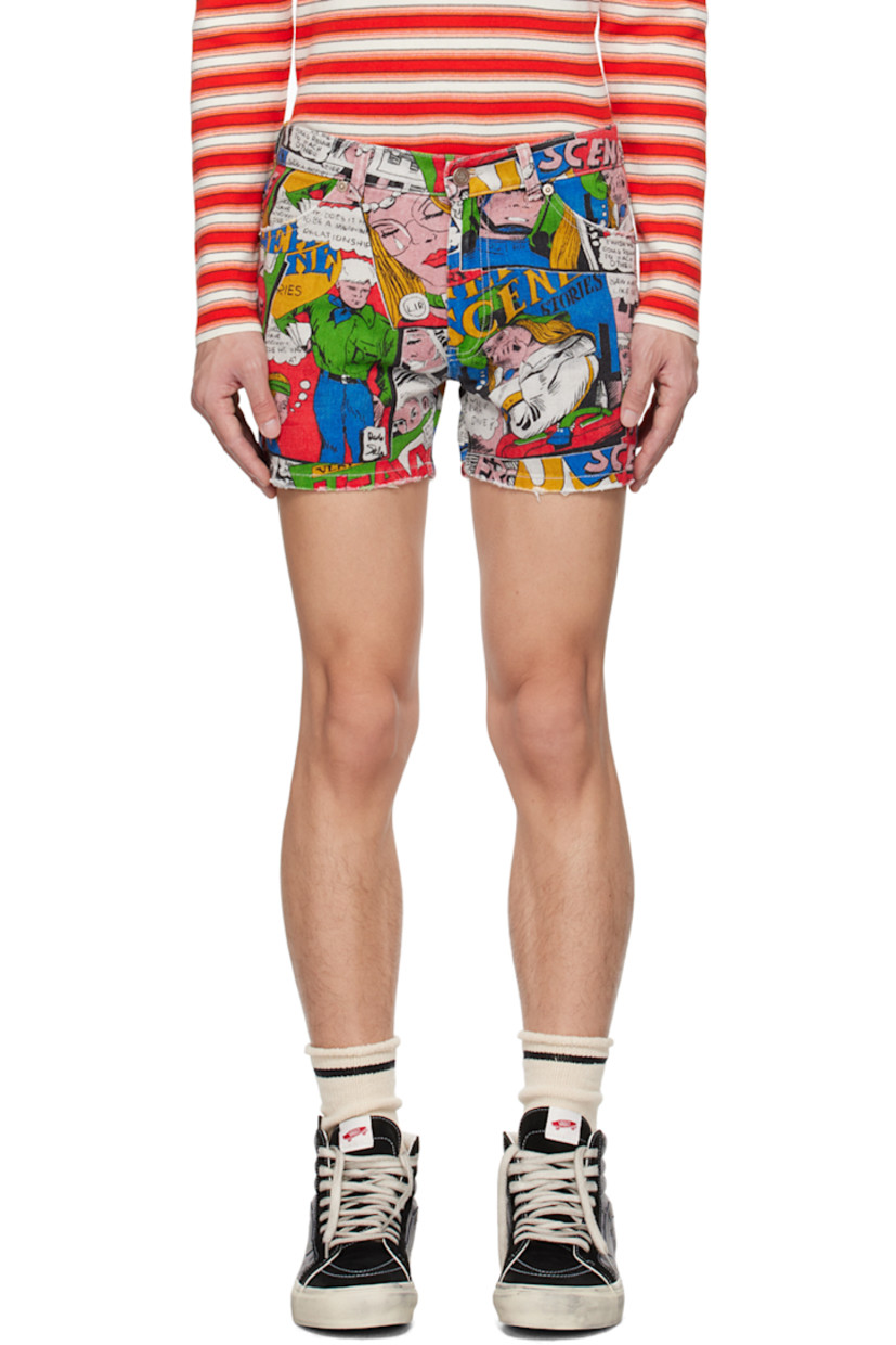 Non-stretch denim shorts. Graphics and text printed throughout.

· Pre-washed
· Belt loops
· Four-pocket styling
· Zip-fly
· Raw edge at cuffs
· Logo-engraved antiqued silver-tone hardware

Supplier color: Comic book