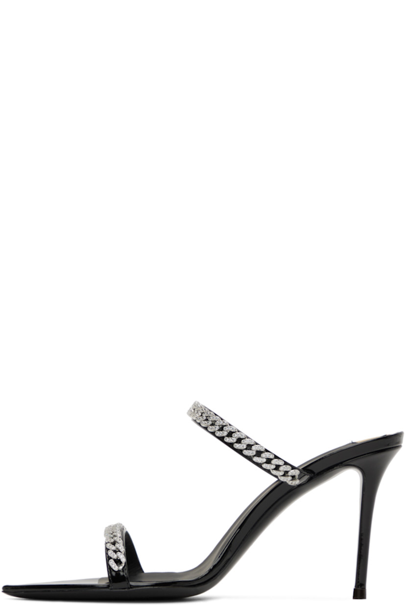 Patent faux-leather slip-on heeled sandals in black. Crystal-cut curb chain detailing at vamp.

· Pointed toe
· Covered stiletto heel with rubber injection 
· Leather outsole
· Heel: H3.5 in

Supplier color: Black