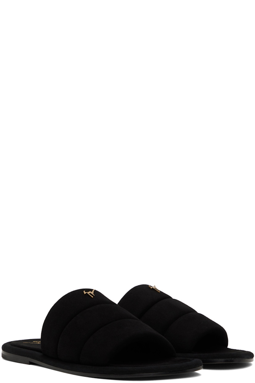 Quilted suede slip-on sandals in black.

· Open round toe 
· Gold-tone logo hardware at vamp 
· Leather sole 

Supplier color: Nero