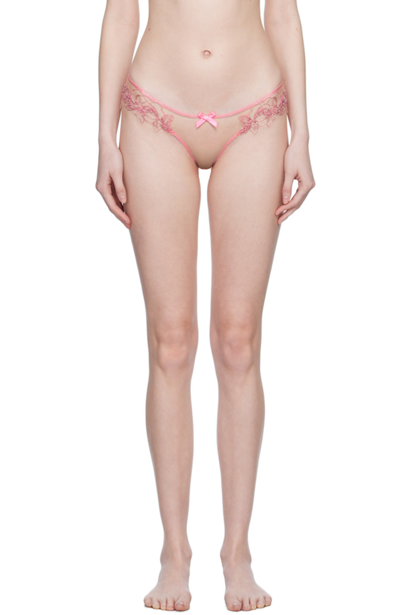 Sheer nylon tulle briefs. Beaded detailing and embroidered floral pattern throughout.

· Low-rise
· Bow appliqué at elasticized waistband
· Partial cotton jersey lining

Supplier color: Dusky pink