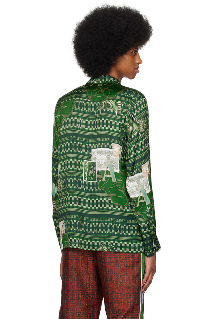 Viscose satin shirt. Graphic pattern printed throughout.

· Spread collar
· Button closure
· Concealed patch pocket at chest
· Single-button barrel cuffs

Supplier color: Green