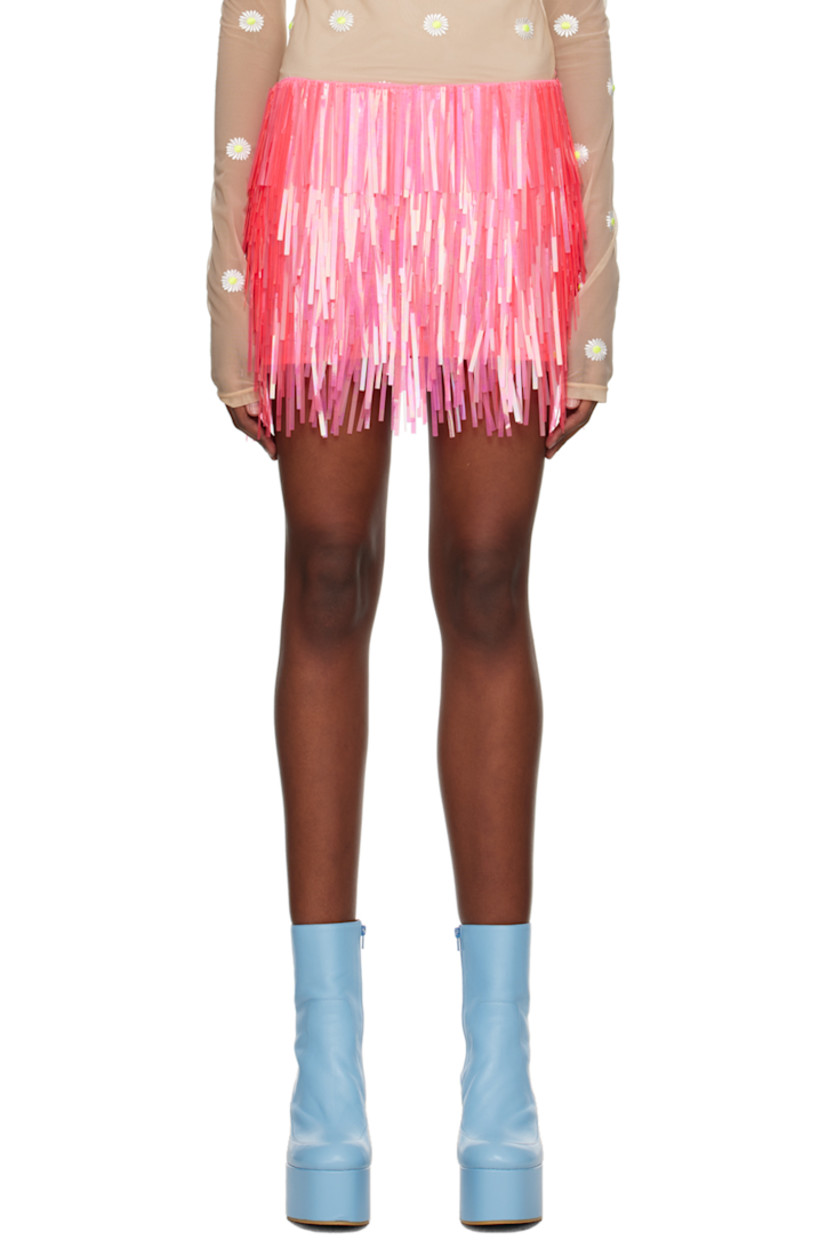 Sequinned stretch nylon mesh skirt. 

· Elasticized waistband
· Fully lined

Supplier color: Fuchsia