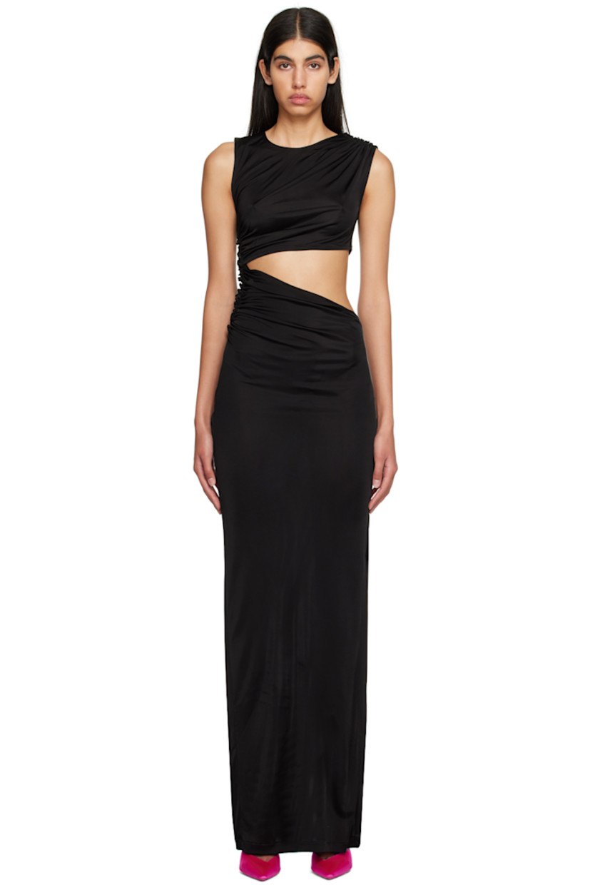 Viscose jersey dress. 

· Round neck
· Cut out at waist
· Ruffled trim at side seam and shoulder
· Vent at side seam 

Supplier color: Black