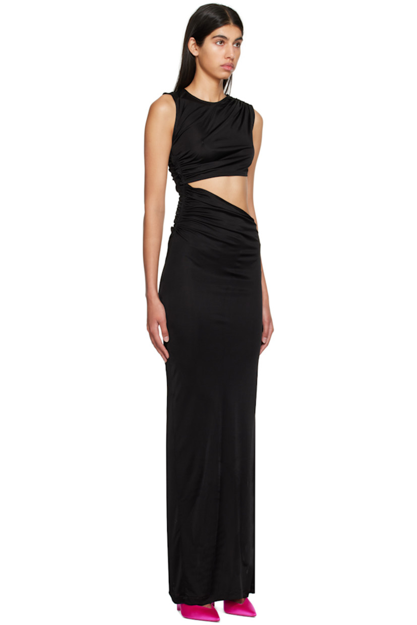 Viscose jersey dress. 

· Round neck
· Cut out at waist
· Ruffled trim at side seam and shoulder
· Vent at side seam 

Supplier color: Black