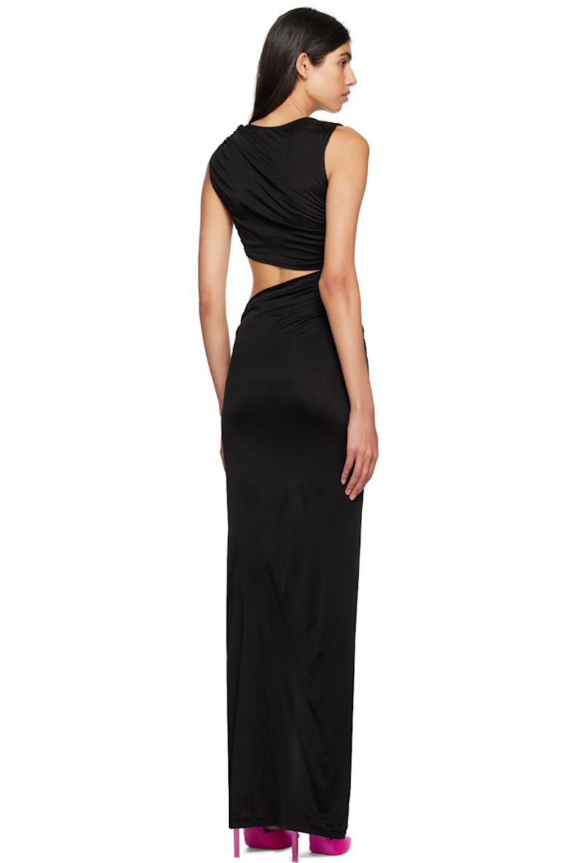Viscose jersey dress. 

· Round neck
· Cut out at waist
· Ruffled trim at side seam and shoulder
· Vent at side seam 

Supplier color: Black