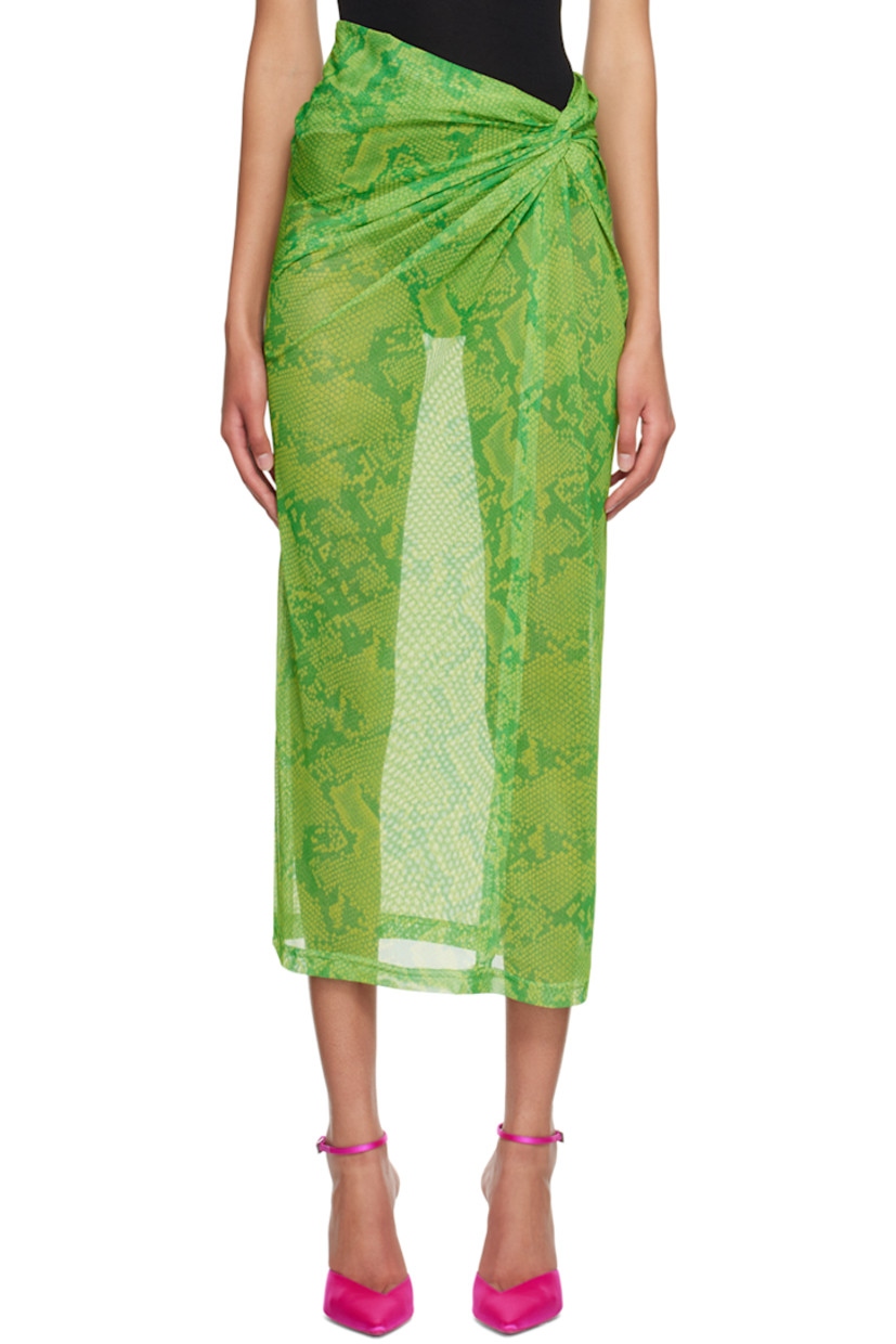 Semi-sheer polyester mesh skirt. 

· Graphic pattern printed throughout. 
· Knot detailing at asymmetric waist

Supplier color: Snake green