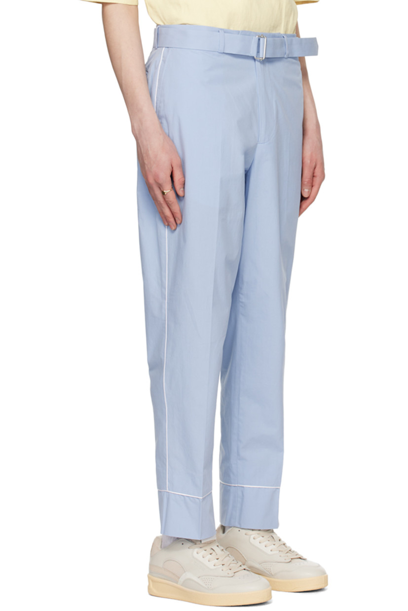 Straight-leg cotton poplin trousers. Piping throughout.

· Detachable cinch belt and belt loops
· Four-pocket styling
· Zip-fly
· Creases at front and back
· Cropped legs

Supplier color: Baby blue/white