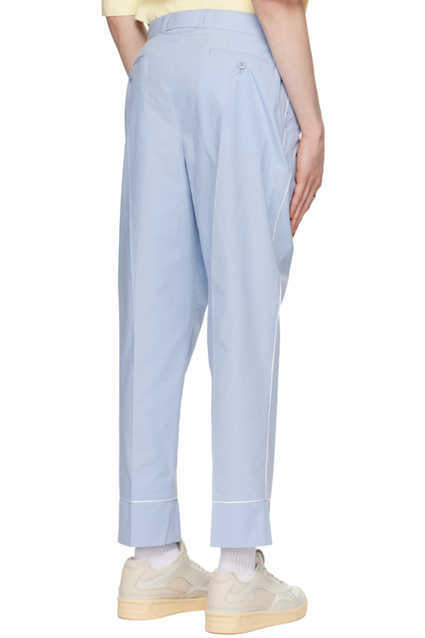 Straight-leg cotton poplin trousers. Piping throughout.

· Detachable cinch belt and belt loops
· Four-pocket styling
· Zip-fly
· Creases at front and back
· Cropped legs

Supplier color: Baby blue/white