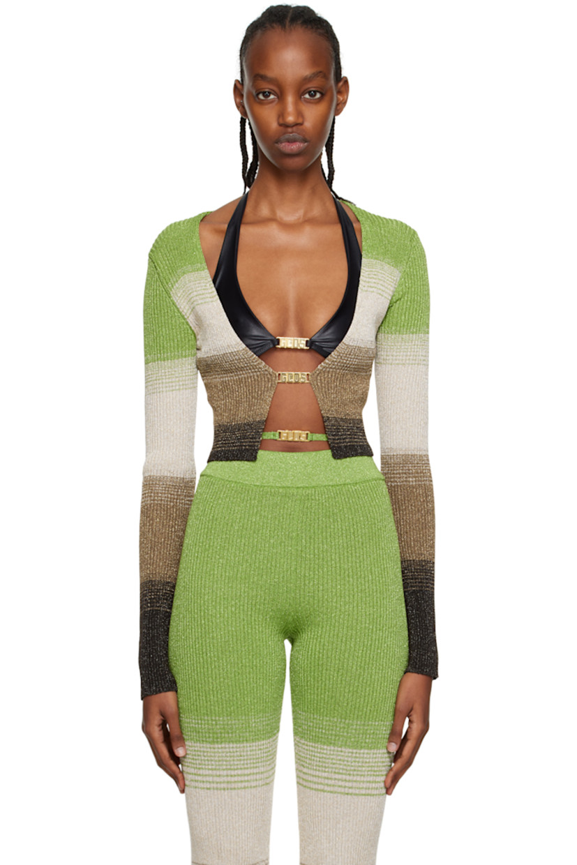 Rib knit viscose-blend cardigan. Gradient pattern, stripes, and metallic thread detailing throughout.

· Scoop neck
· Flip-clasp fastening at open front

Supplier color: Military green